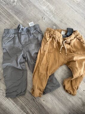 Warm lined Cotton Drawstring Pants - Gray & Tan 12-18m